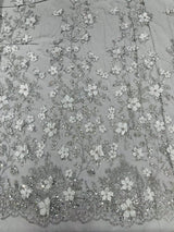 Princess Glitter 3D Floral Design Lace Polyester Fabric - Double Scallop, Mesh Lace, 54" Width (1 Yard)