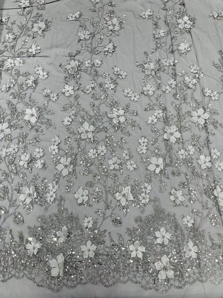 Princess Glitter 3D Floral Design Lace Polyester Fabric - Double Scallop, Mesh Lace, 54" Width (1 Yard)
