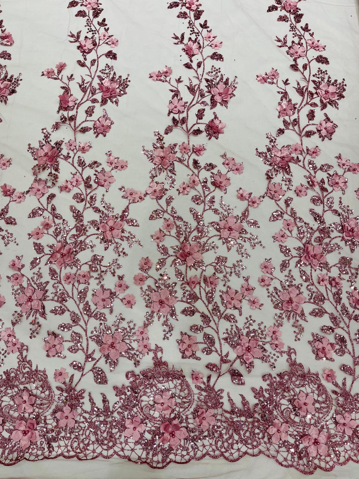 Princess Glitter 3D Floral Design Lace Polyester Fabric - Double Scallop, Mesh Lace, 54" Width (1 Yard)
