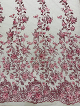 Princess Glitter 3D Floral Design Lace Polyester Fabric - Double Scallop, Mesh Lace, 54" Width (1 Yard)