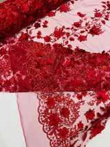 Princess Glitter 3D Floral Design Lace Polyester Fabric - Double Scallop, Mesh Lace, 54" Width (1 Yard)