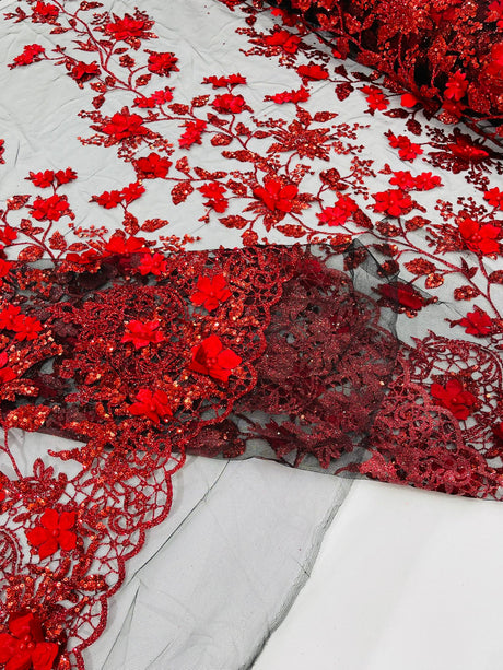 Princess Glitter 3D Floral Design Lace Polyester Fabric - Double Scallop, Mesh Lace, 54" Width (1 Yard)