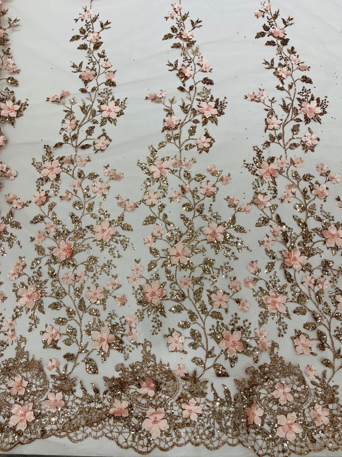 Princess Glitter 3D Floral Design Lace Polyester Fabric - Double Scallop, Mesh Lace, 54" Width (1 Yard)