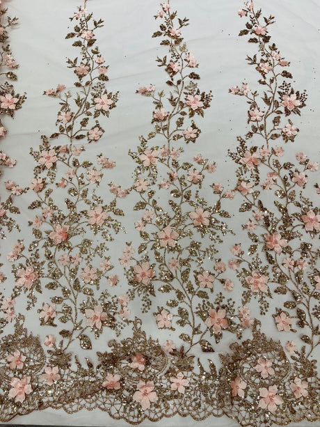 Princess Glitter 3D Floral Design Lace Polyester Fabric - Double Scallop, Mesh Lace, 54" Width (1 Yard)