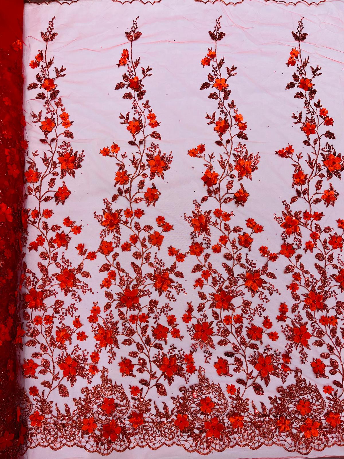 Princess Glitter 3D Floral Design Lace Polyester Fabric - Double Scallop, Mesh Lace, 54" Width (1 Yard)
