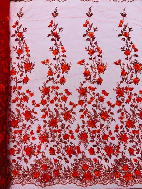 Princess Glitter 3D Floral Design Lace Polyester Fabric - Double Scallop, Mesh Lace, 54" Width (1 Yard)