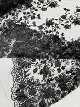 Princess Glitter 3D Floral Design Lace Polyester Fabric - Double Scallop, Mesh Lace, 54" Width (1 Yard)
