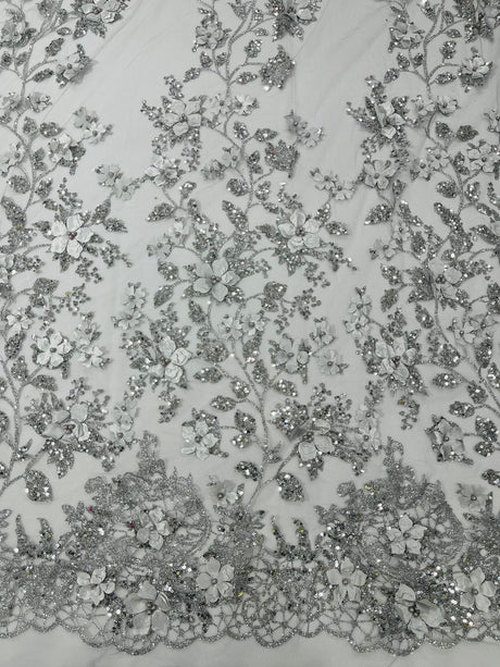 Princess Glitter 3D Floral Design Lace Polyester Fabric - Double Scallop, Mesh Lace, 54" Width (1 Yard)