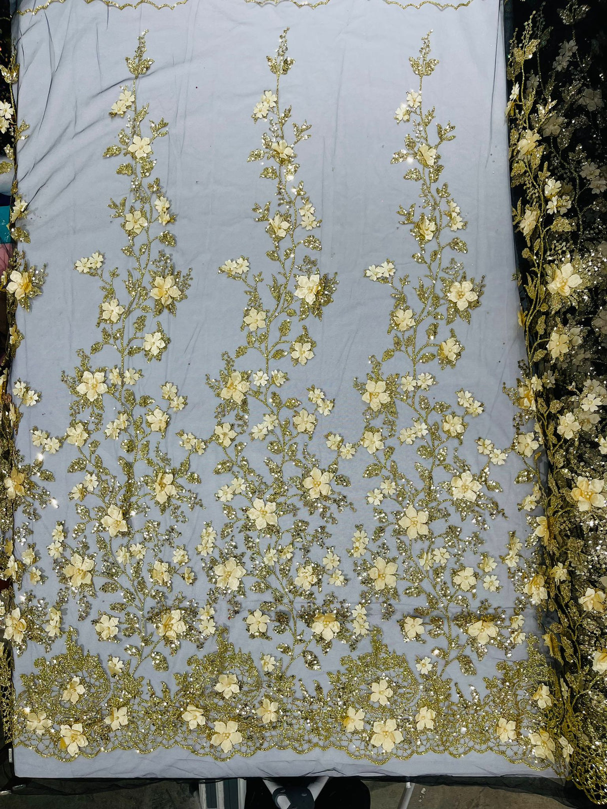 Princess Glitter 3D Floral Design Lace Polyester Fabric - Double Scallop, Mesh Lace, 54" Width (1 Yard)