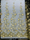 Princess Glitter 3D Floral Design Lace Polyester Fabric - Double Scallop, Mesh Lace, 54" Width (1 Yard)