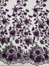 Princess Glitter 3D Floral Design Lace Polyester Fabric - Double Scallop, Mesh Lace, 54" Width (1 Yard)