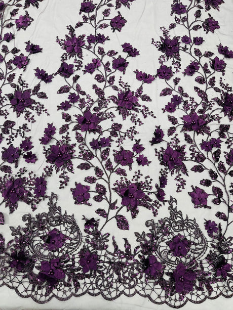 Princess Glitter 3D Floral Design Lace Polyester Fabric - Double Scallop, Mesh Lace, 54" Width (1 Yard)