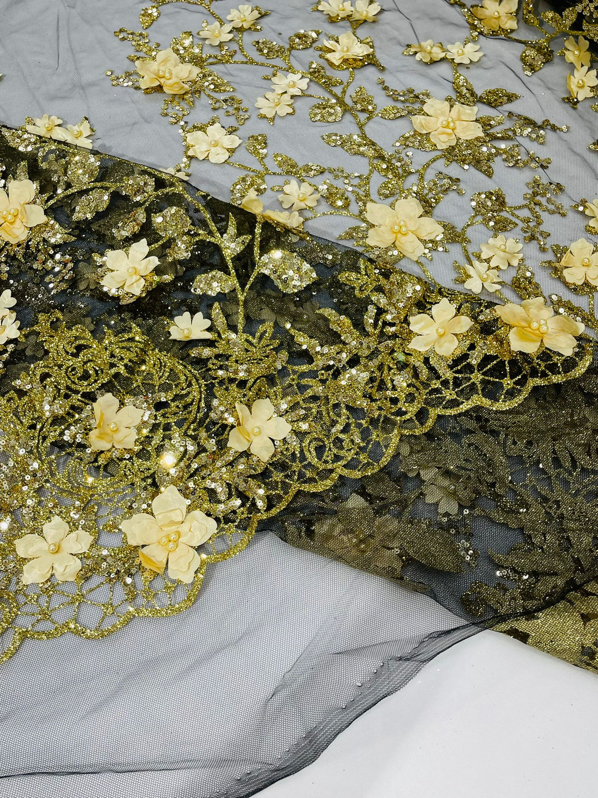 Princess Glitter 3D Floral Design Lace Polyester Fabric - Double Scallop, Mesh Lace, 54" Width (1 Yard)