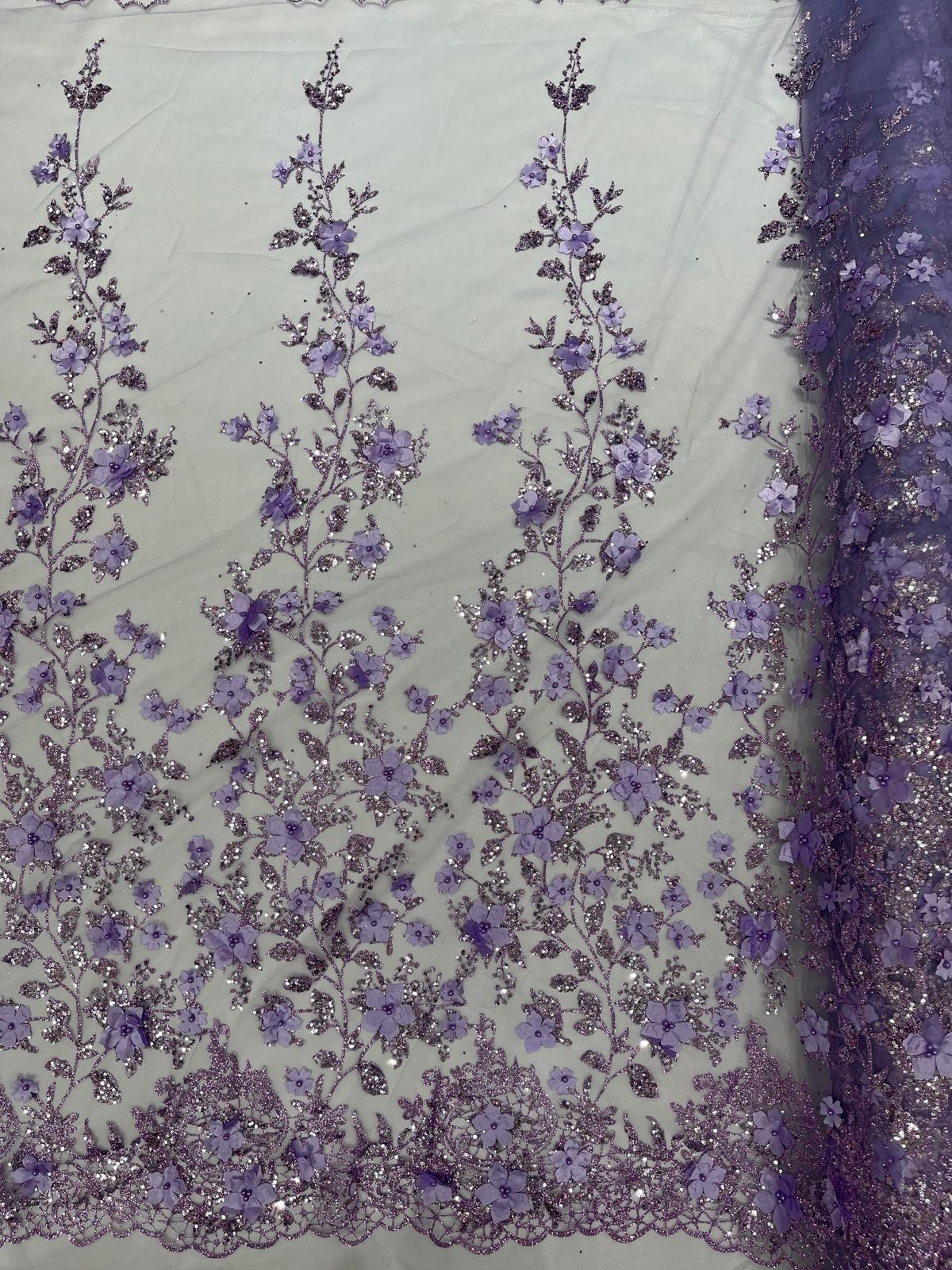 Princess Glitter 3D Floral Design Lace Polyester Fabric - Double Scallop, Mesh Lace, 54" Width (1 Yard)