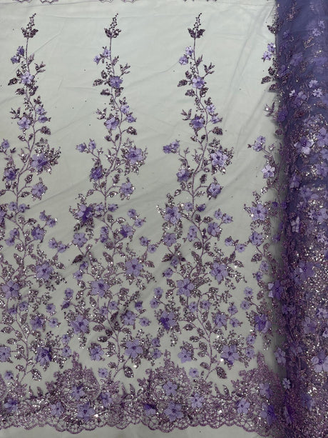 Princess Glitter 3D Floral Design Lace Polyester Fabric - Double Scallop, Mesh Lace, 54" Width (1 Yard)
