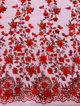 Princess Glitter 3D Floral Design Lace Polyester Fabric - Double Scallop, Mesh Lace, 54" Width (1 Yard)