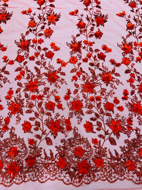 Princess Glitter 3D Floral Design Lace Polyester Fabric - Double Scallop, Mesh Lace, 54" Width (1 Yard)