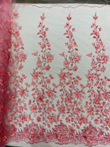 Princess Glitter 3D Floral Design Lace Polyester Fabric - Double Scallop, Mesh Lace, 54" Width (1 Yard)