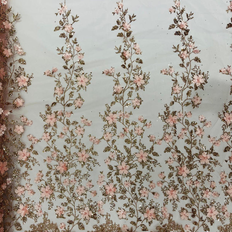 Princess Glitter 3D Floral Design Lace Polyester Fabric - Double Scallop, Mesh Lace, 54" Width (1 Yard)