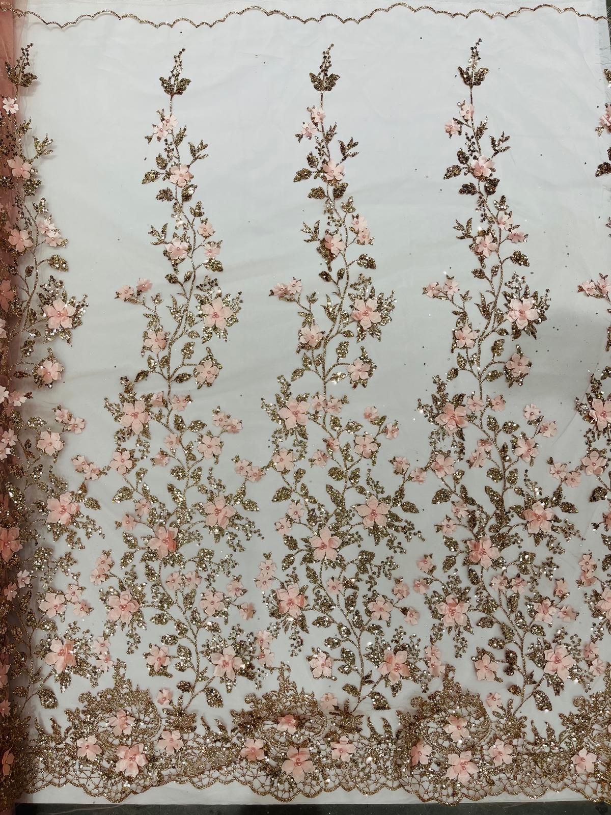 Princess Glitter 3D Floral Design Lace Polyester Fabric - Double Scallop, Mesh Lace, 54" Width (1 Yard)