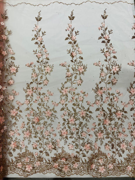 Princess Glitter 3D Floral Design Lace Polyester Fabric - Double Scallop, Mesh Lace, 54" Width (1 Yard)