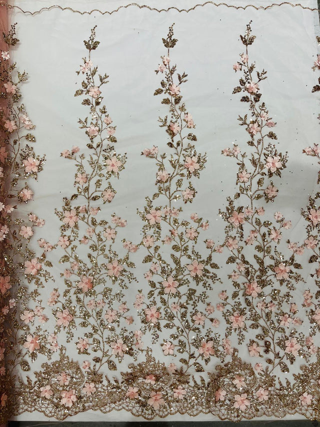 Princess Glitter 3D Floral Design Lace Polyester Fabric - Double Scallop, Mesh Lace, 54" Width (1 Yard)