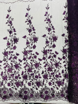 Princess Glitter 3D Floral Design Lace Polyester Fabric - Double Scallop, Mesh Lace, 54" Width (1 Yard)
