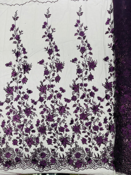 Princess Glitter 3D Floral Design Lace Polyester Fabric - Double Scallop, Mesh Lace, 54" Width (1 Yard)