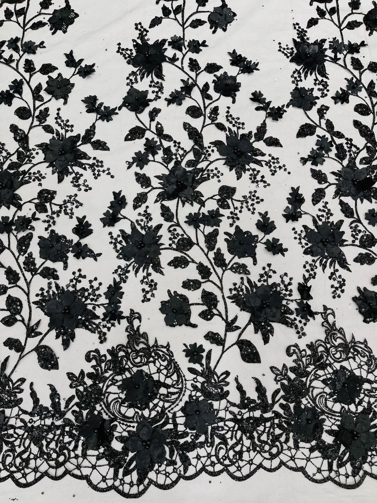 Princess Glitter 3D Floral Design Lace Polyester Fabric - Double Scallop, Mesh Lace, 54" Width (1 Yard)