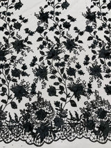 Princess Glitter 3D Floral Design Lace Polyester Fabric - Double Scallop, Mesh Lace, 54" Width (1 Yard)