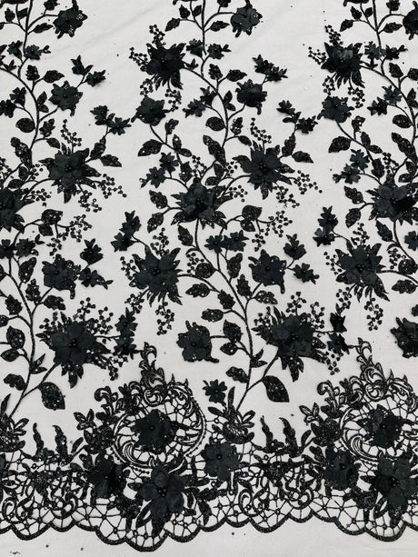 Princess Glitter 3D Floral Design Lace Polyester Fabric - Double Scallop, Mesh Lace, 54" Width (1 Yard)