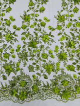 Princess Glitter 3D Floral Design Lace Polyester Fabric - Double Scallop, Mesh Lace, 54" Width (1 Yard)