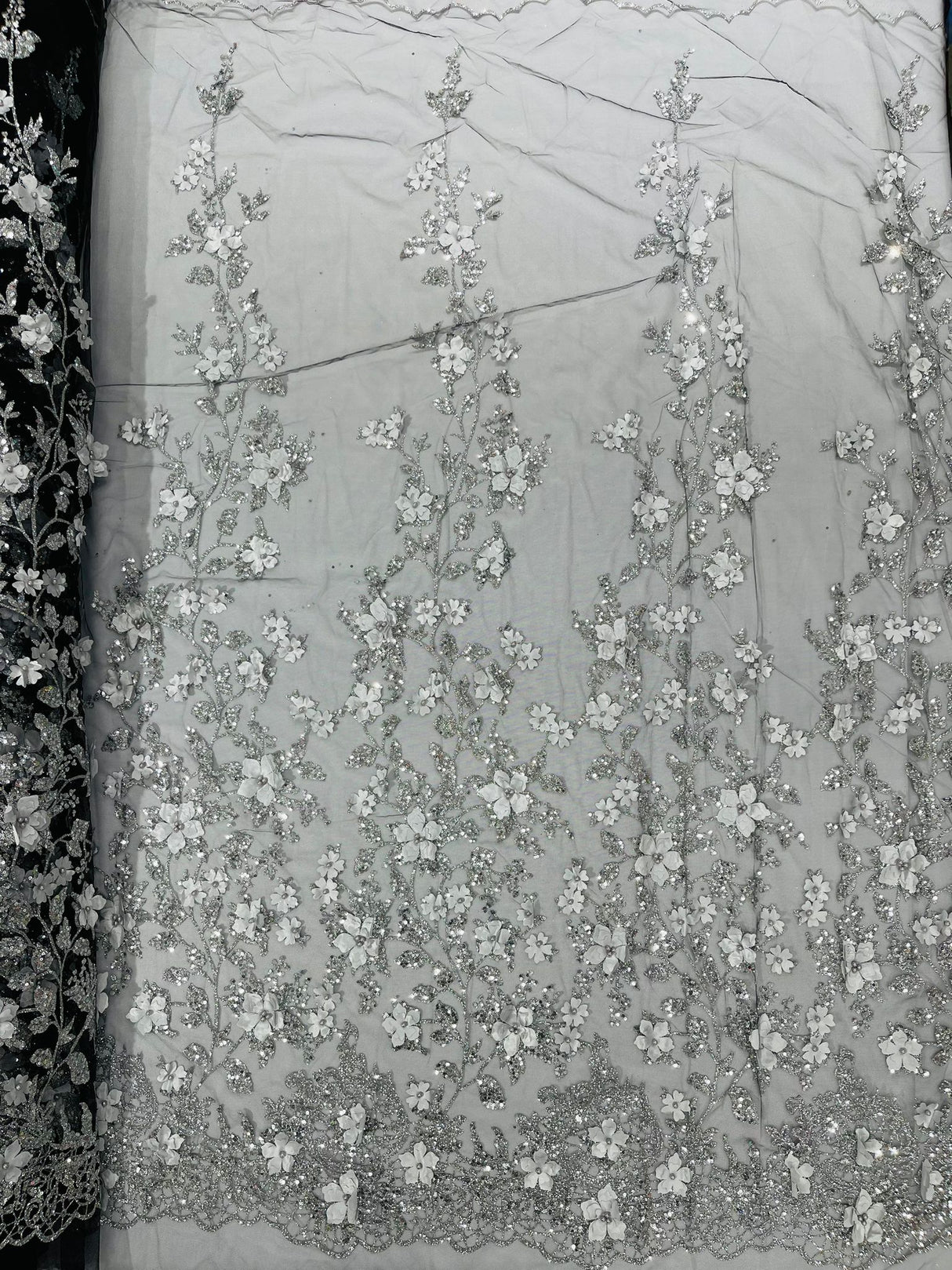 Princess Glitter 3D Floral Design Lace Polyester Fabric - Double Scallop, Mesh Lace, 54" Width (1 Yard)