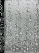 Princess Glitter 3D Floral Design Lace Polyester Fabric - Double Scallop, Mesh Lace, 54" Width (1 Yard)