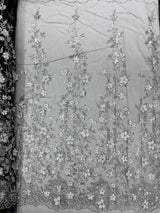 Princess Glitter 3D Floral Design Lace Polyester Fabric - Double Scallop, Mesh Lace, 54" Width (1 Yard)