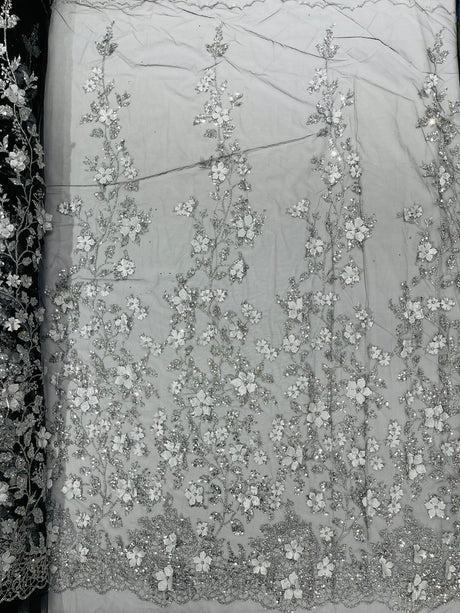 Princess Glitter 3D Floral Design Lace Polyester Fabric - Double Scallop, Mesh Lace, 54" Width (1 Yard)