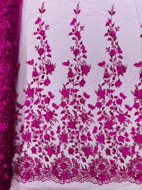 Princess Glitter 3D Floral Design Lace Polyester Fabric - Double Scallop, Mesh Lace, 54" Width (1 Yard)