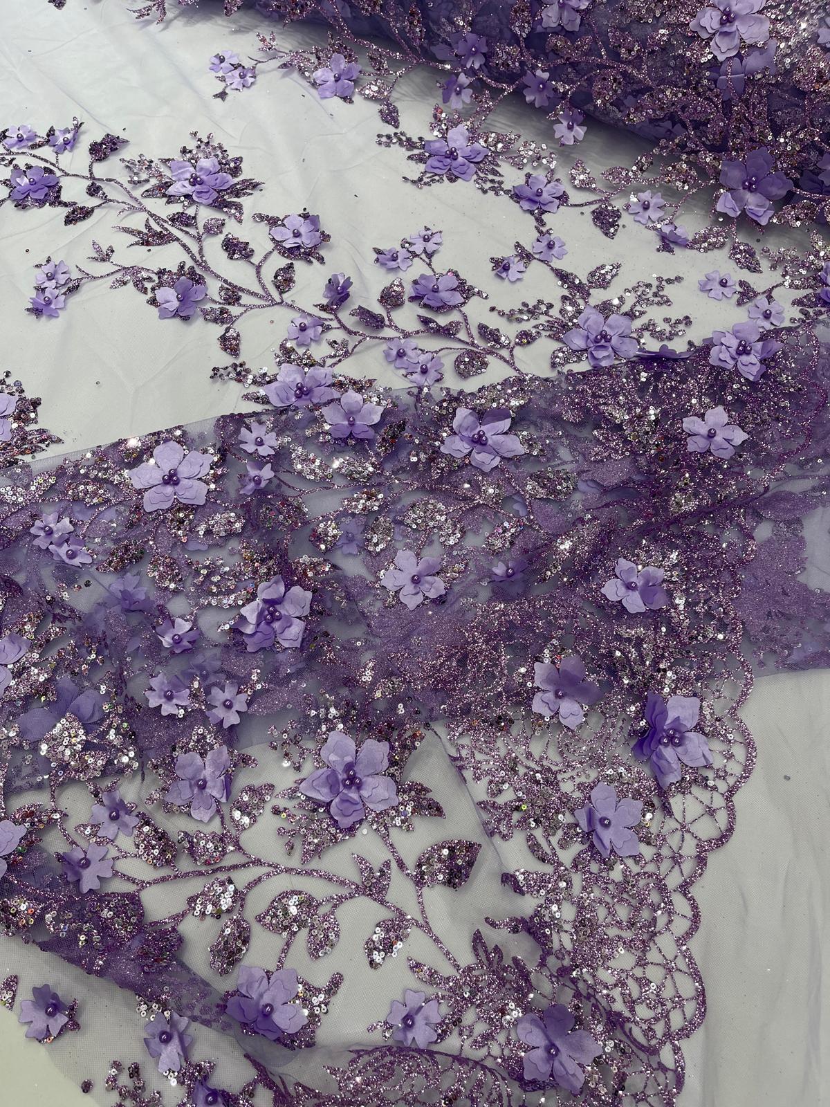 Princess Glitter 3D Floral Design Lace Polyester Fabric - Double Scallop, Mesh Lace, 54" Width (1 Yard)