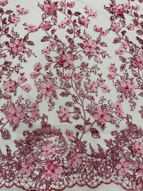 Princess Glitter 3D Floral Design Lace Polyester Fabric - Double Scallop, Mesh Lace, 54" Width (1 Yard)