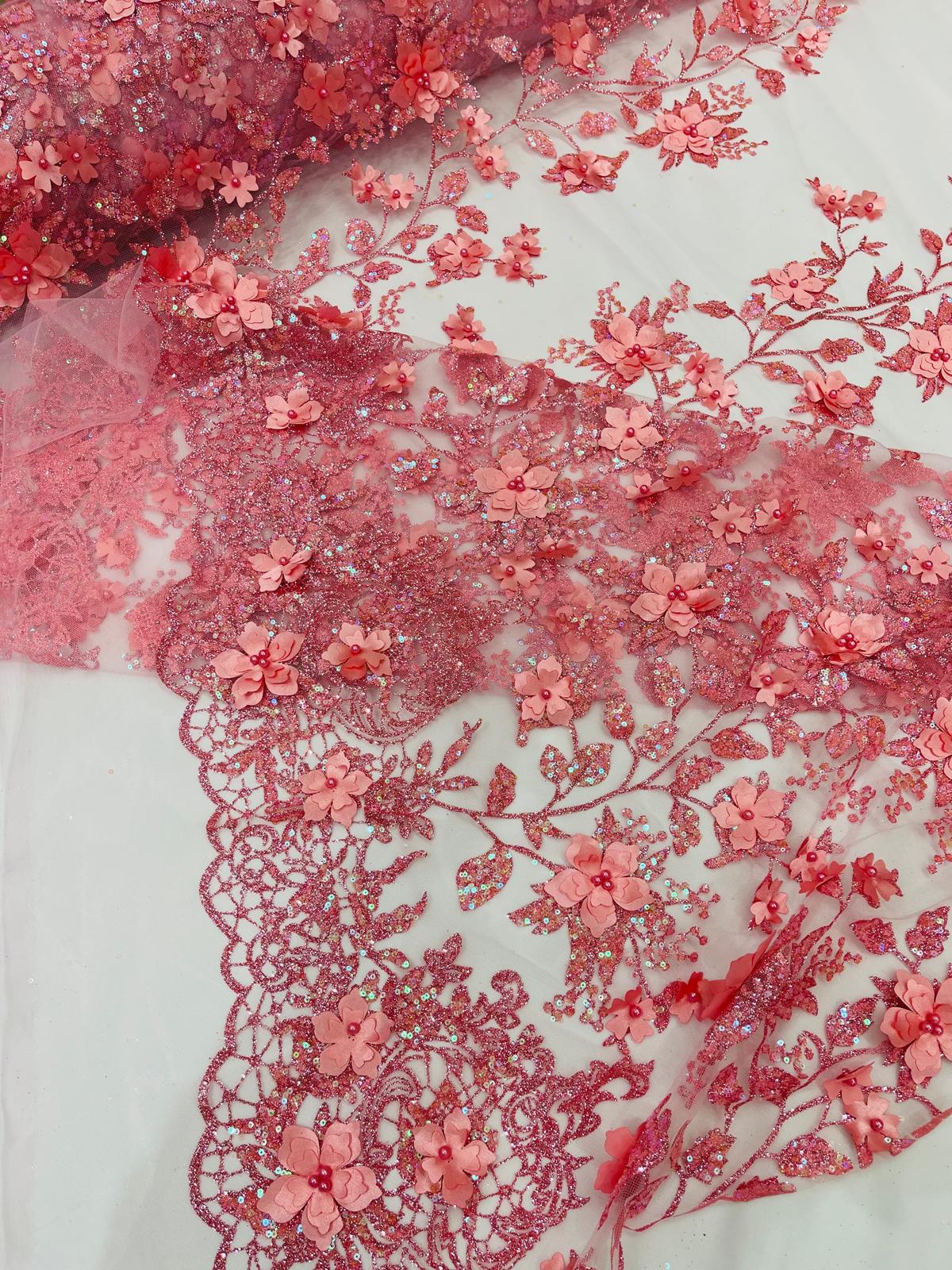 Princess Glitter 3D Floral Design Lace Polyester Fabric - Double Scallop, Mesh Lace, 54" Width (1 Yard)