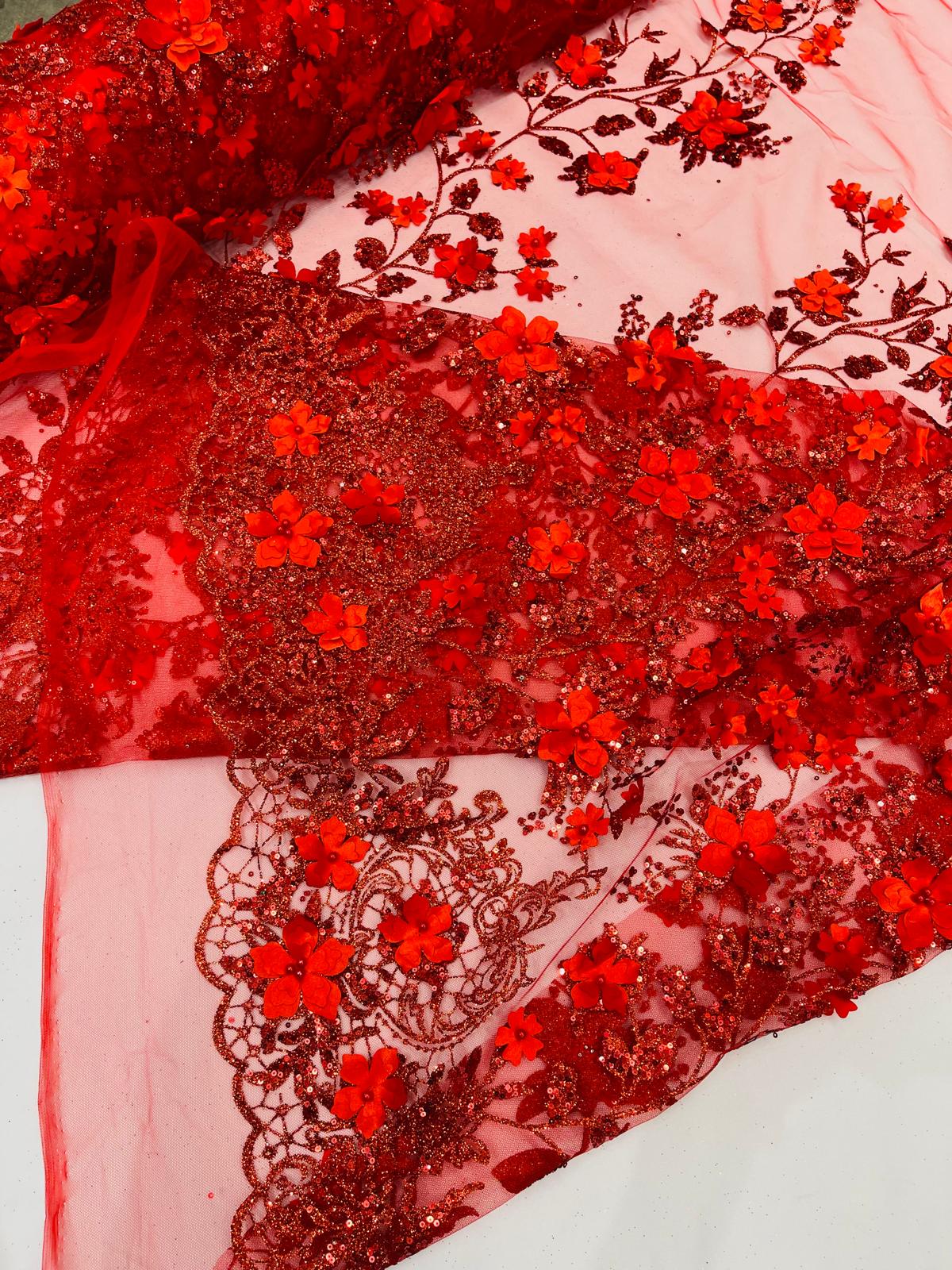 Princess Glitter 3D Floral Design Lace Polyester Fabric - Double Scallop, Mesh Lace, 54" Width (1 Yard)