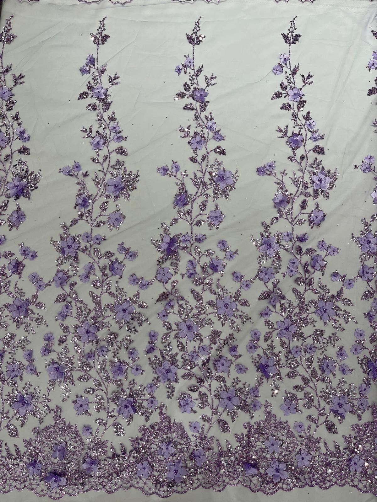 Princess Glitter 3D Floral Design Lace Polyester Fabric - Double Scallop, Mesh Lace, 54" Width (1 Yard)