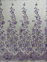 Princess Glitter 3D Floral Design Lace Polyester Fabric - Double Scallop, Mesh Lace, 54" Width (1 Yard)