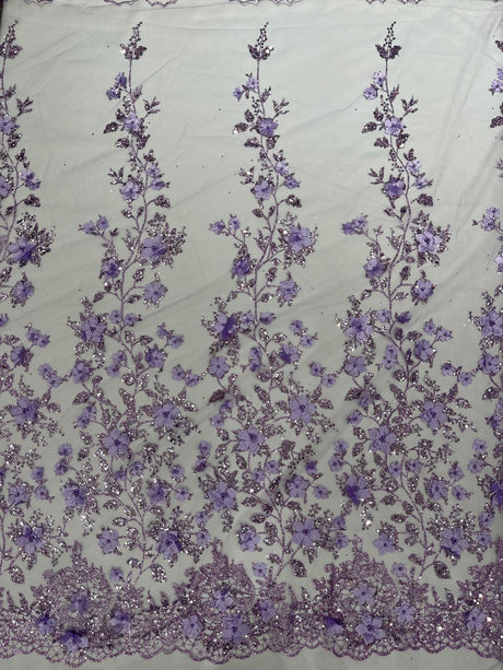 Princess Glitter 3D Floral Design Lace Polyester Fabric - Double Scallop, Mesh Lace, 54" Width (1 Yard)