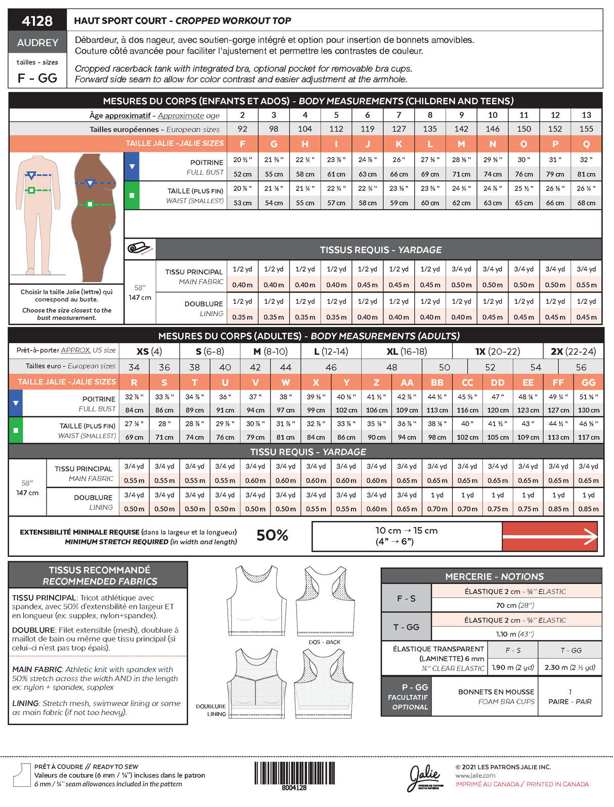 Sewing Pattern Audrey Cropped Workout Top by Jalie