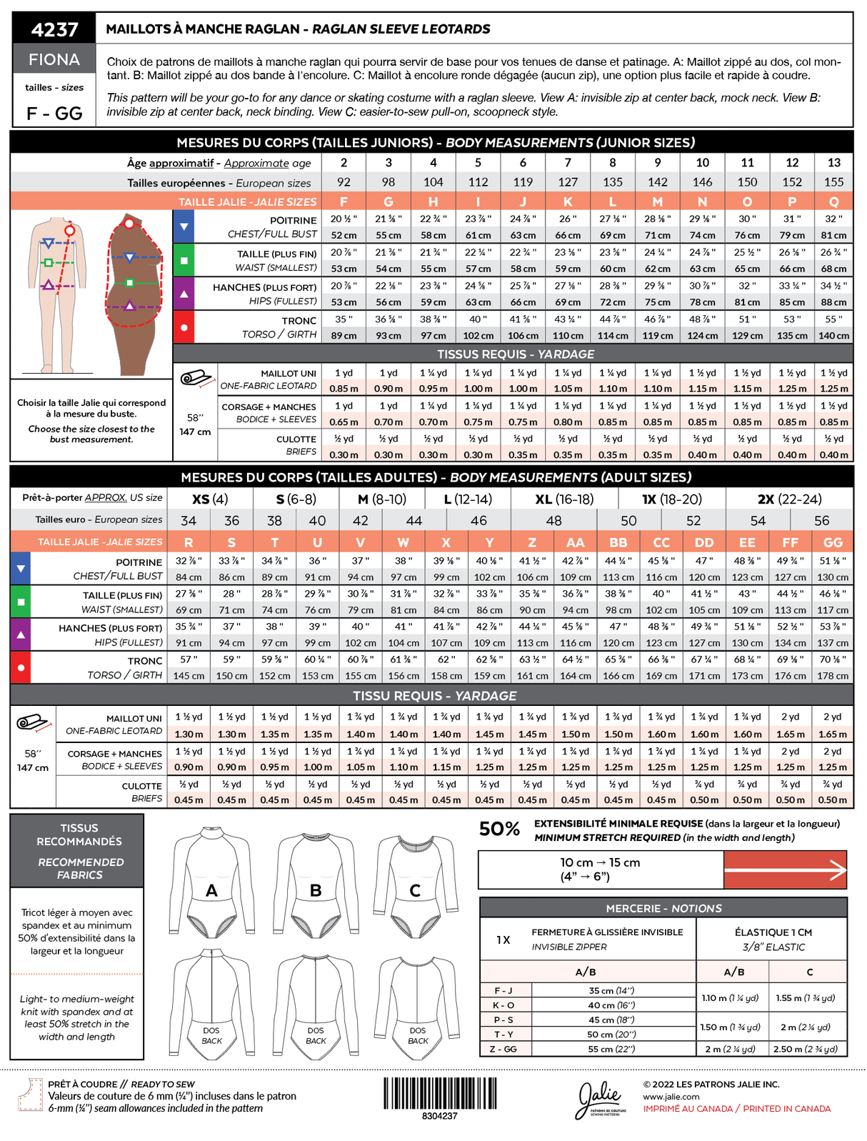 Sewing Pattern Fiona Raglan Sleeve Leotard by Jalie