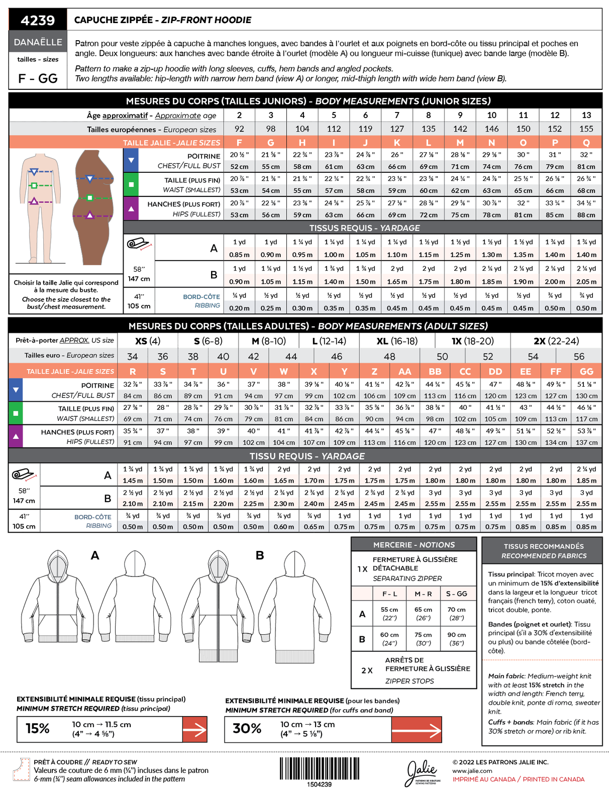 Sewing Pattern Danaelle Zip Front Hoodie by Jalie