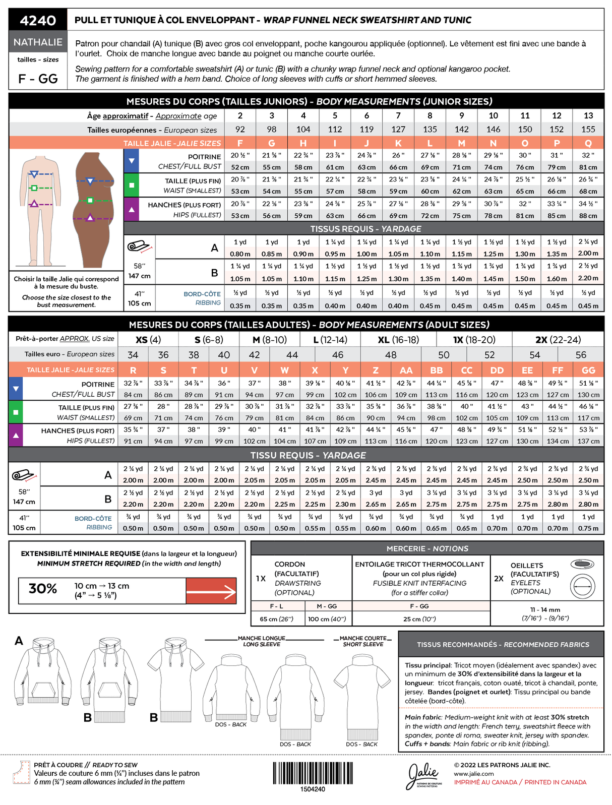 Sewing Pattern Nathalie Funnel Neck Sweatshirt and Tunic by Jalie