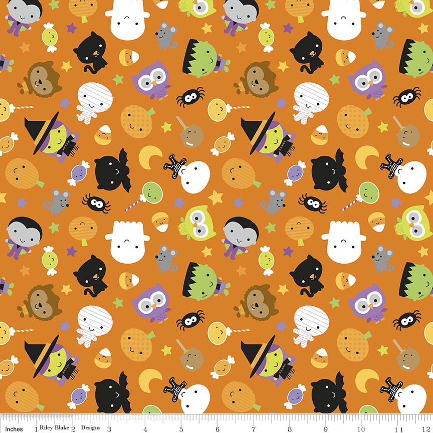 Cotton Lycra Knit Ghouls and Goodies Orange