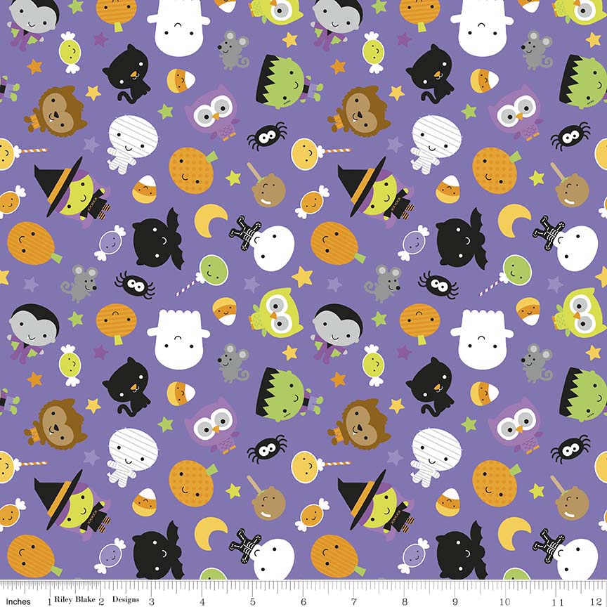 Cotton Lycra Knit Fabric Ghouls and Goodies Main Purple Seconds